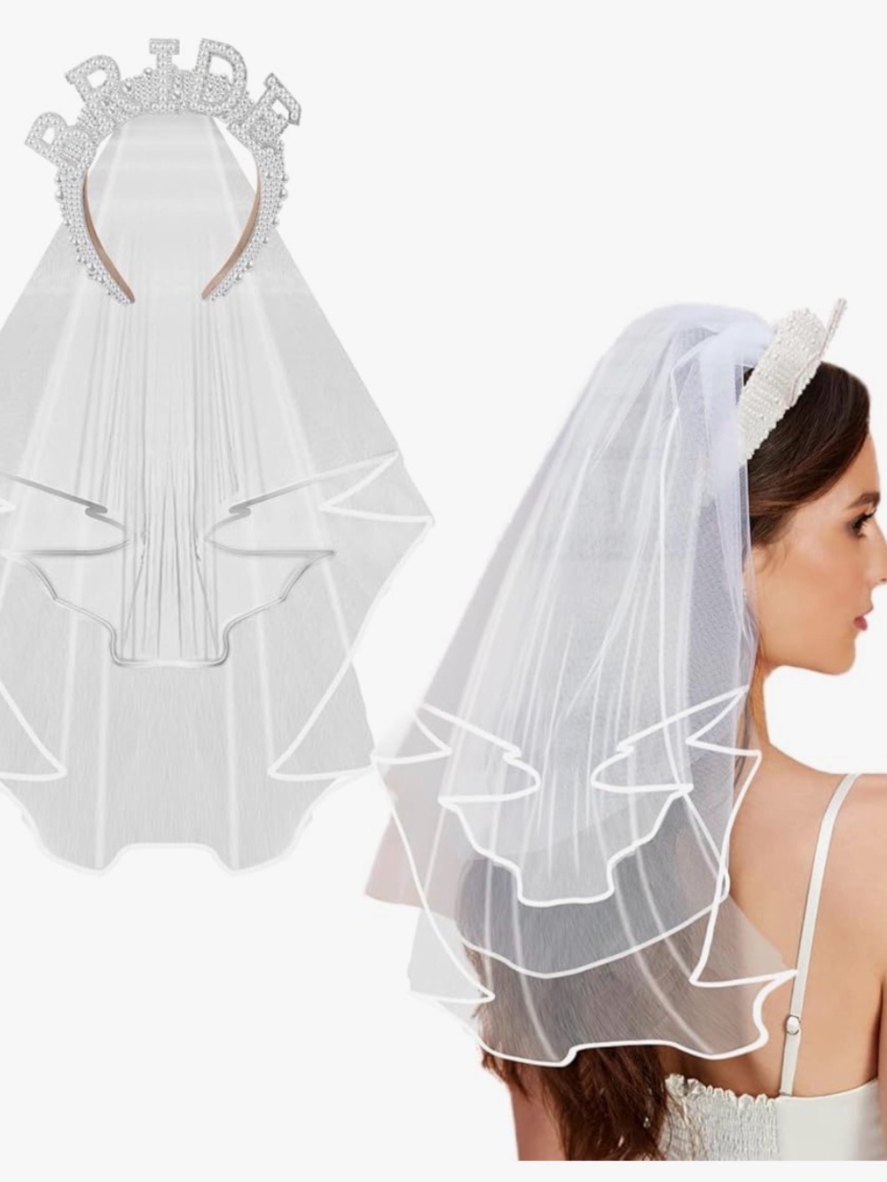 Pearl Headband Bride Headband and Veil - White -Bachelorette Party